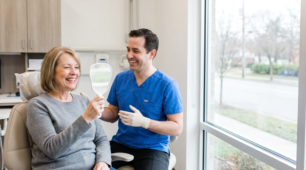 A dentist and a smiling patient looking at her new smile in a mirror
