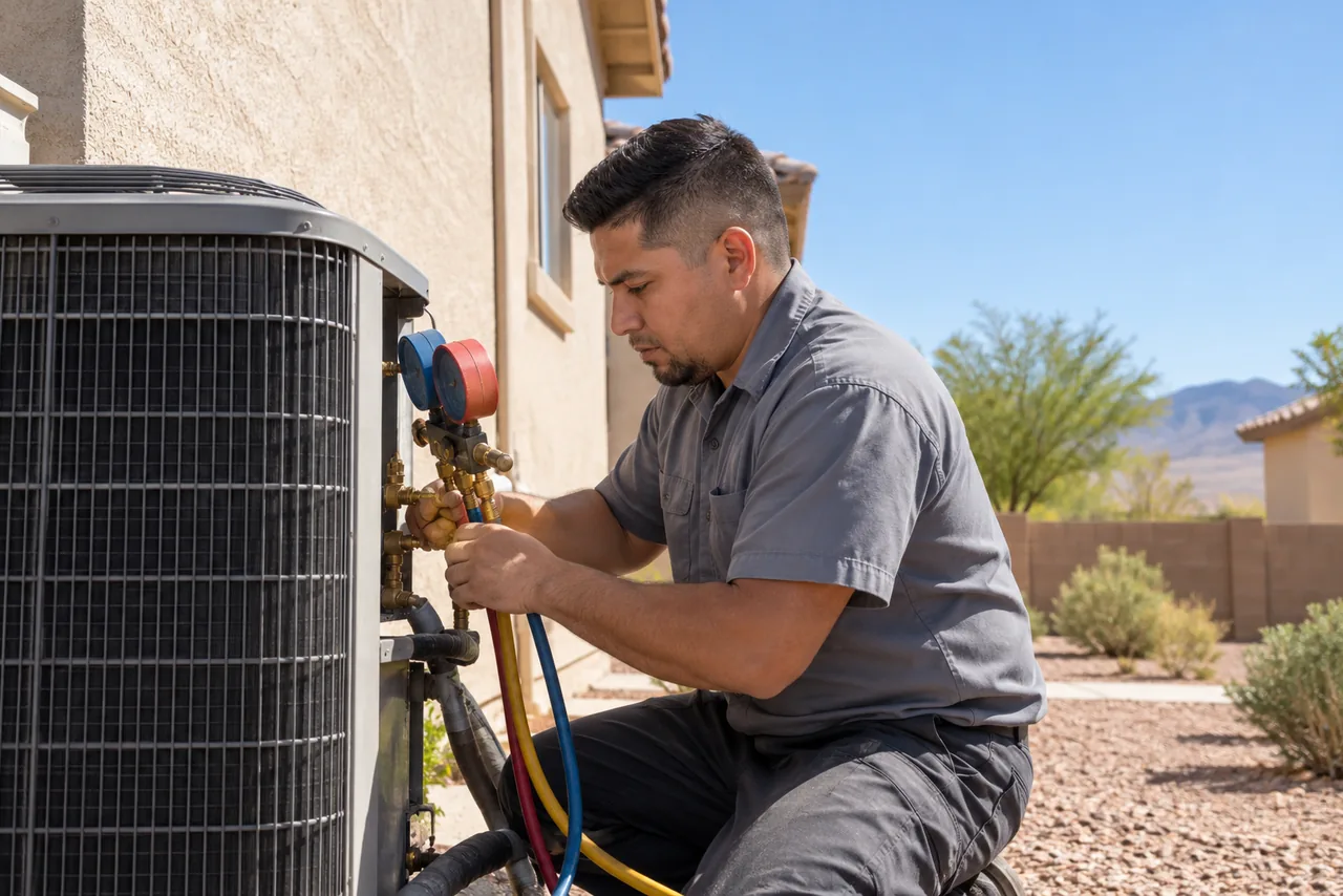 An HVAC technician checking the gauges on an outdoor unit