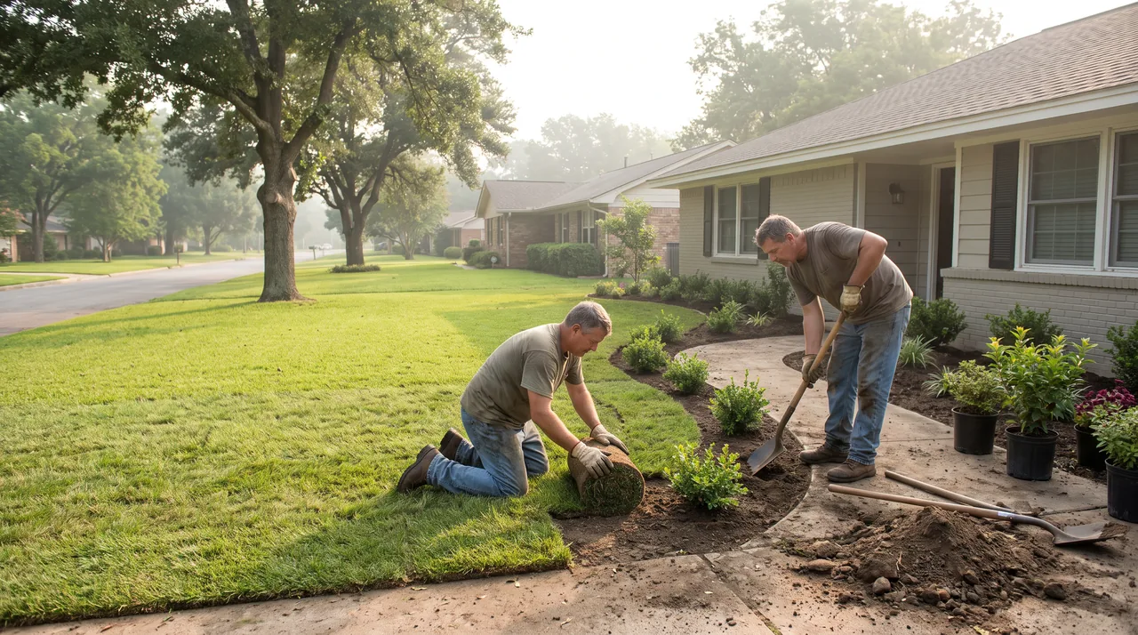 Two landscapers laying fresh sod in a front yard